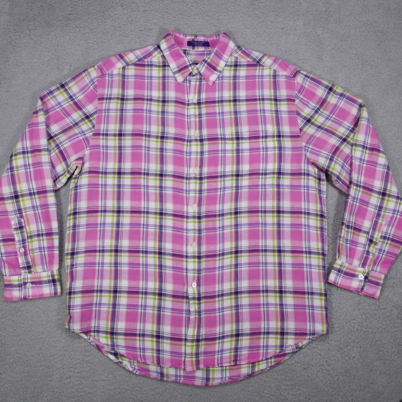 Alan Flusser Shirt Men's Large Linen Cotton Button Up Pink Pocket Long Sleeve - Picture 8 of 15